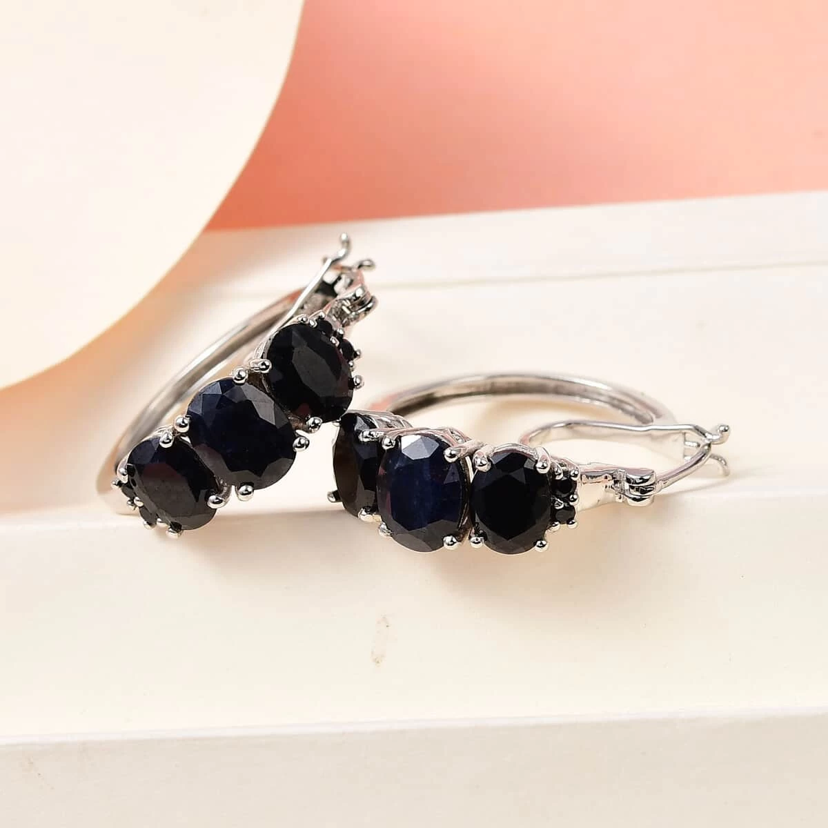 Midnight Sapphire Hoop Earrings In Platinum Over Sterling Silver 12.35 Ctw 4 Midnight Sapphire Hoop Earrings In Platinum Over Sterling Silver 12.35 Ctw - Image 2