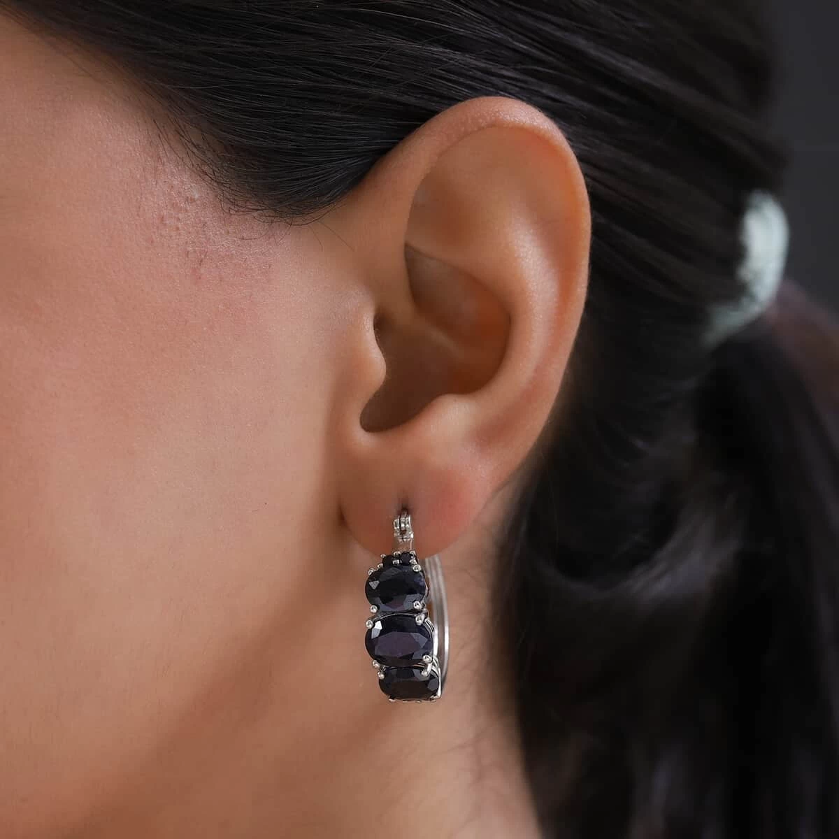 Midnight Sapphire Hoop Earrings In Platinum Over Sterling Silver 12.35 Ctw 5 Midnight Sapphire Hoop Earrings In Platinum Over Sterling Silver 12.35 Ctw - Image 3