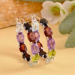 Multi Gemstone Earrings In Rhodium Over Sterling Silver, Inside Out Hoops, Silver Hoops 15.75 Ctw -Jewelry store 7230608 1