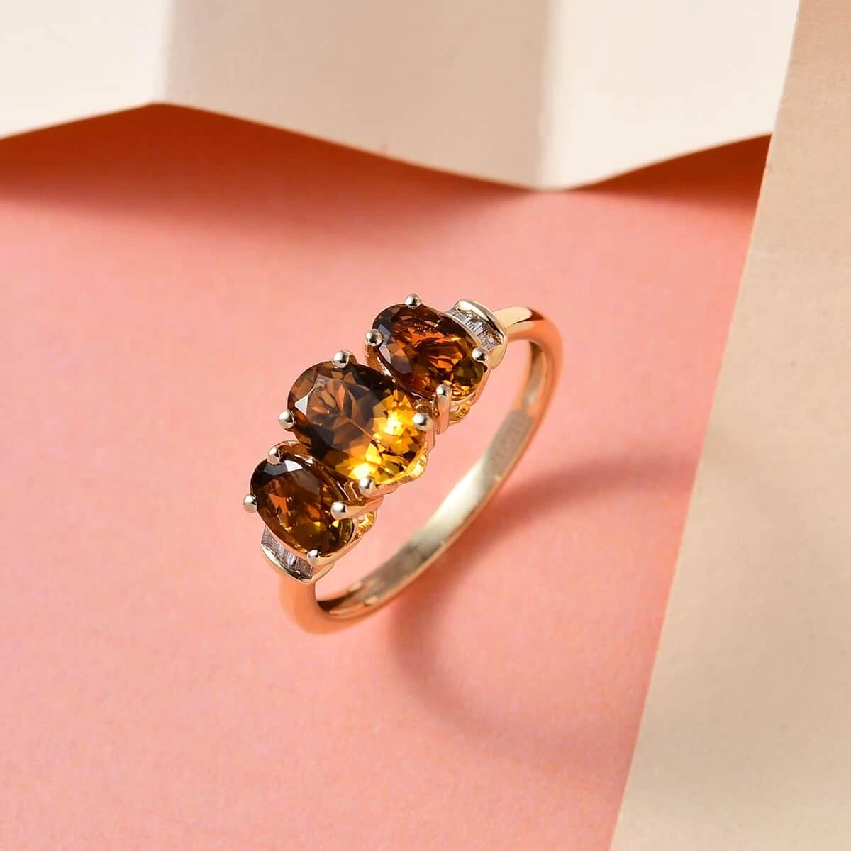 Luxoro 10K Yellow Gold AAA Yellow Tourmaline And Diamond Trilogy Ring 1.70 Ctw 4 Luxoro 10K Yellow Gold AAA Yellow Tourmaline And Diamond Trilogy Ring 1.70 Ctw - Image 2