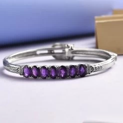Amethyst Bangle Bracelet In Stainless Steel (6.50 In) 5.00 Ctw , Tarnish-Free, Waterproof, Sweat Proof Jewelry -Jewelry store 7236119 1