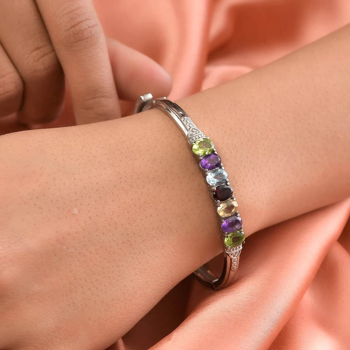Multi Gemstone Bangle Bracelet In Stainless Steel (6.50 In) 5.75 Ctw , Tarnish-Free, Waterproof, Sweat Proof Jewelry 5 Multi Gemstone Bangle Bracelet In Stainless Steel (6.50 In) 5.75 Ctw , Tarnish-Free, Waterproof, Sweat Proof Jewelry - Image 3