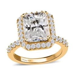 Radiant Cut Moissanite Ring , Moissanite Halo Ring , Vermeil Yellow Gold Over Sterling Silver Ring, Promise Rings 4.30 Ctw