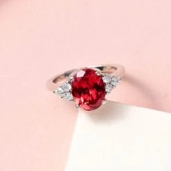 Lab Created Padparadscha Sapphire And Moissanite Ring In Platinum Over Sterling Silver 4.25 Ctw -Jewelry store 7239589 1