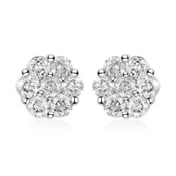 14K White Gold Diamond Flower Stud Earrings 1.00 Ctw