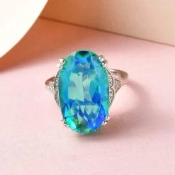 Peacock Quartz, Natural White Zircon Ring In Platinum Over Sterling Silver 13.50 Ctw -Jewelry store 7258193 1