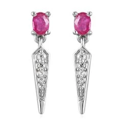 Premium Montepuez Ruby And White Zircon Dangling Earrings In Platinum Over Sterling Silver 2.50 Ctw