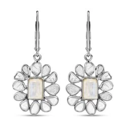 Doorbuster White Moonstone And Polki Diamond Flower Earrings In Sterling Silver 2.00 Ctw