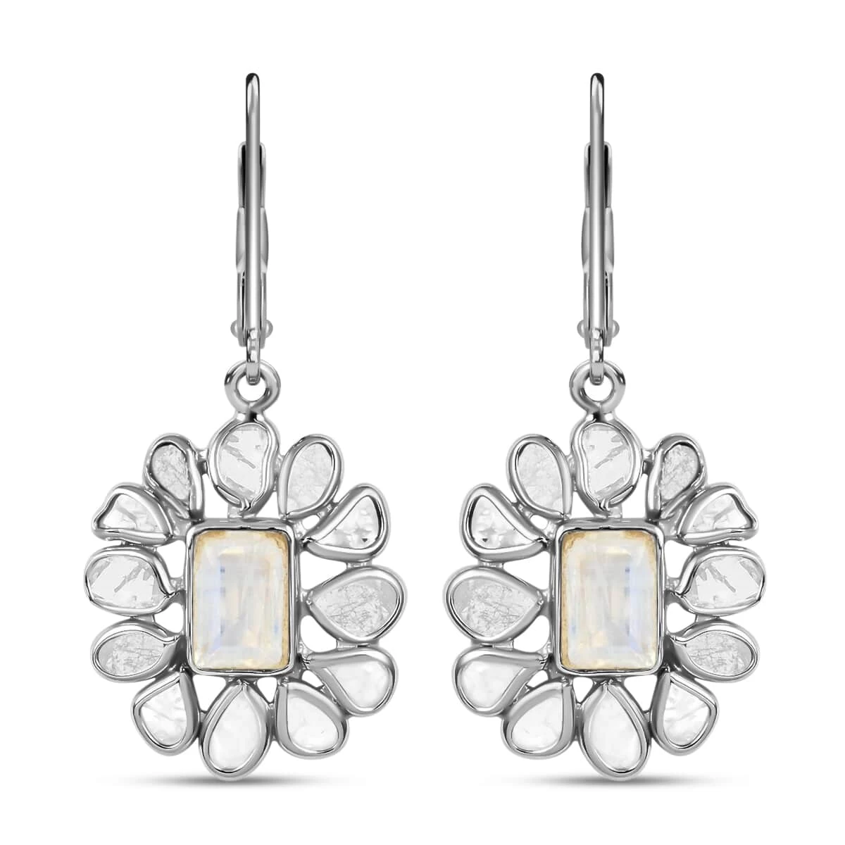 Doorbuster White Moonstone And Polki Diamond Flower Earrings In Sterling Silver 2.00 Ctw 3 Doorbuster White Moonstone And Polki Diamond Flower Earrings In Sterling Silver 2.00 Ctw