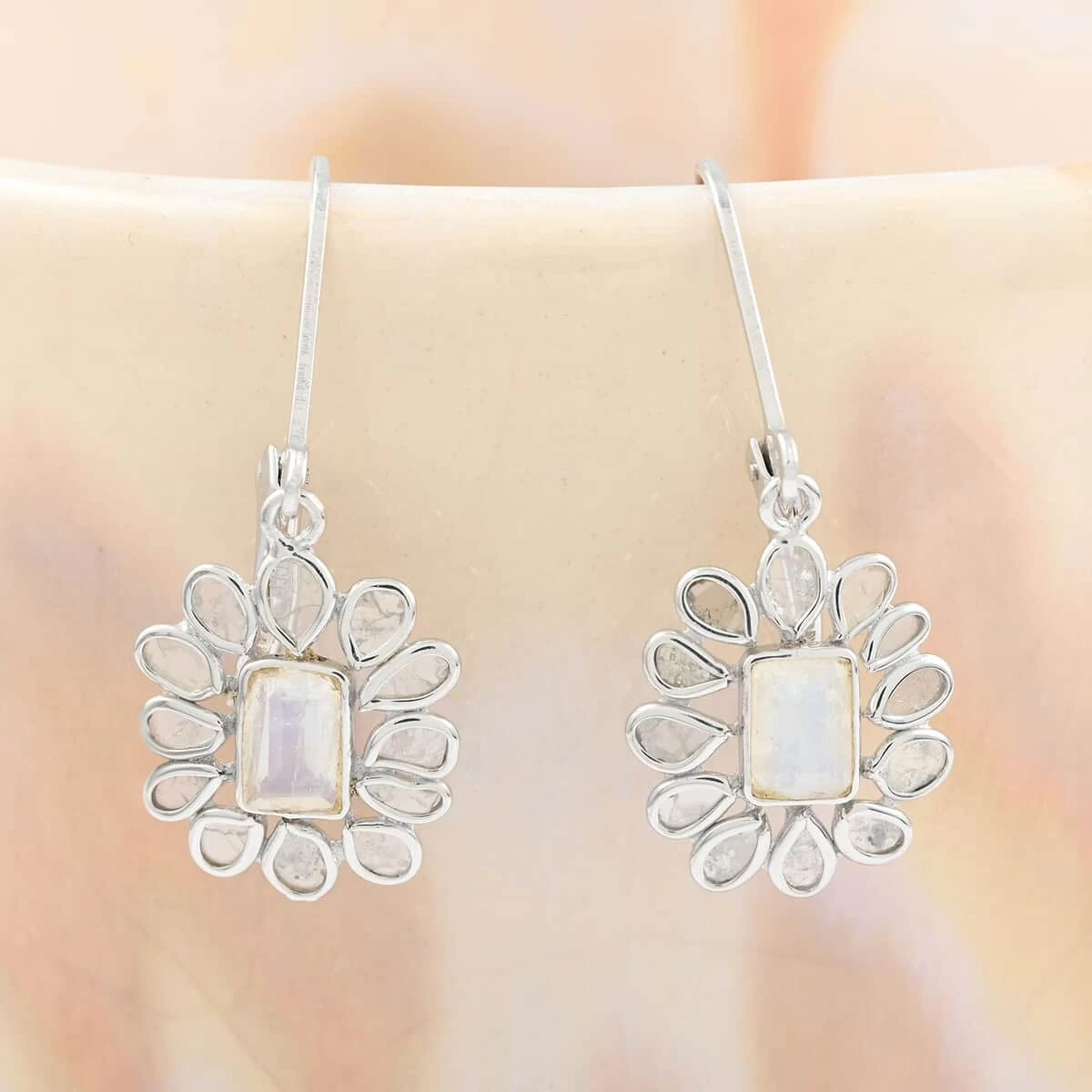 Doorbuster White Moonstone And Polki Diamond Flower Earrings In Sterling Silver 2.00 Ctw 4 Doorbuster White Moonstone And Polki Diamond Flower Earrings In Sterling Silver 2.00 Ctw - Image 2