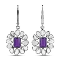 Amethyst Earrings, Polki Diamond Accent Earrings, Flower Earrings, Floral Earrings, Sterling Silver Earrings, Drop Earrings, Lever Back Earrings 2.00 Ctw