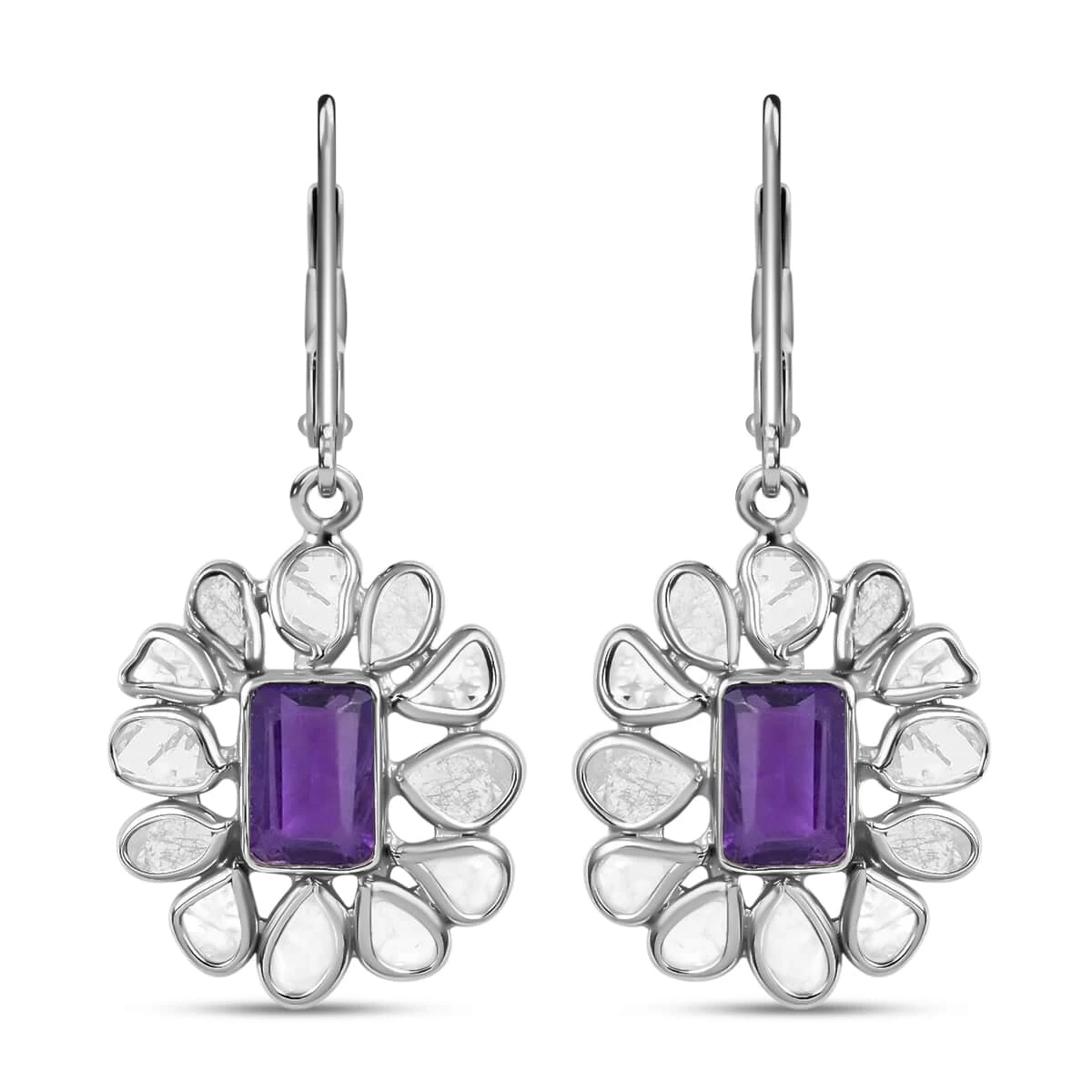 Amethyst Earrings, Polki Diamond Accent Earrings, Flower Earrings, Floral Earrings, Sterling Silver Earrings, Drop Earrings, Lever Back Earrings 2.00 Ctw 3 Amethyst Earrings, Polki Diamond Accent Earrings, Flower Earrings, Floral Earrings, Sterling Silver Earrings, Drop Earrings, Lever Back Earrings 2.00 Ctw