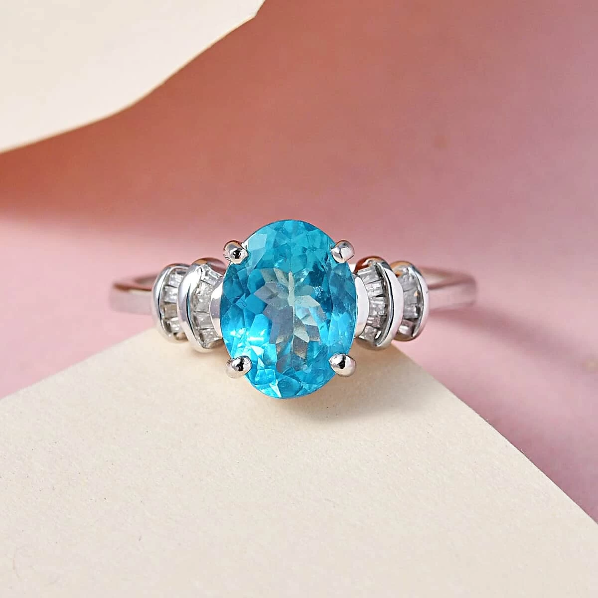LUXORO 10K White Gold AAA Madagascar Paraiba Apatite And Diamond Ring 2 Grams 1.65 Ctw 4 LUXORO 10K White Gold AAA Madagascar Paraiba Apatite And Diamond Ring 2 Grams 1.65 Ctw - Image 2