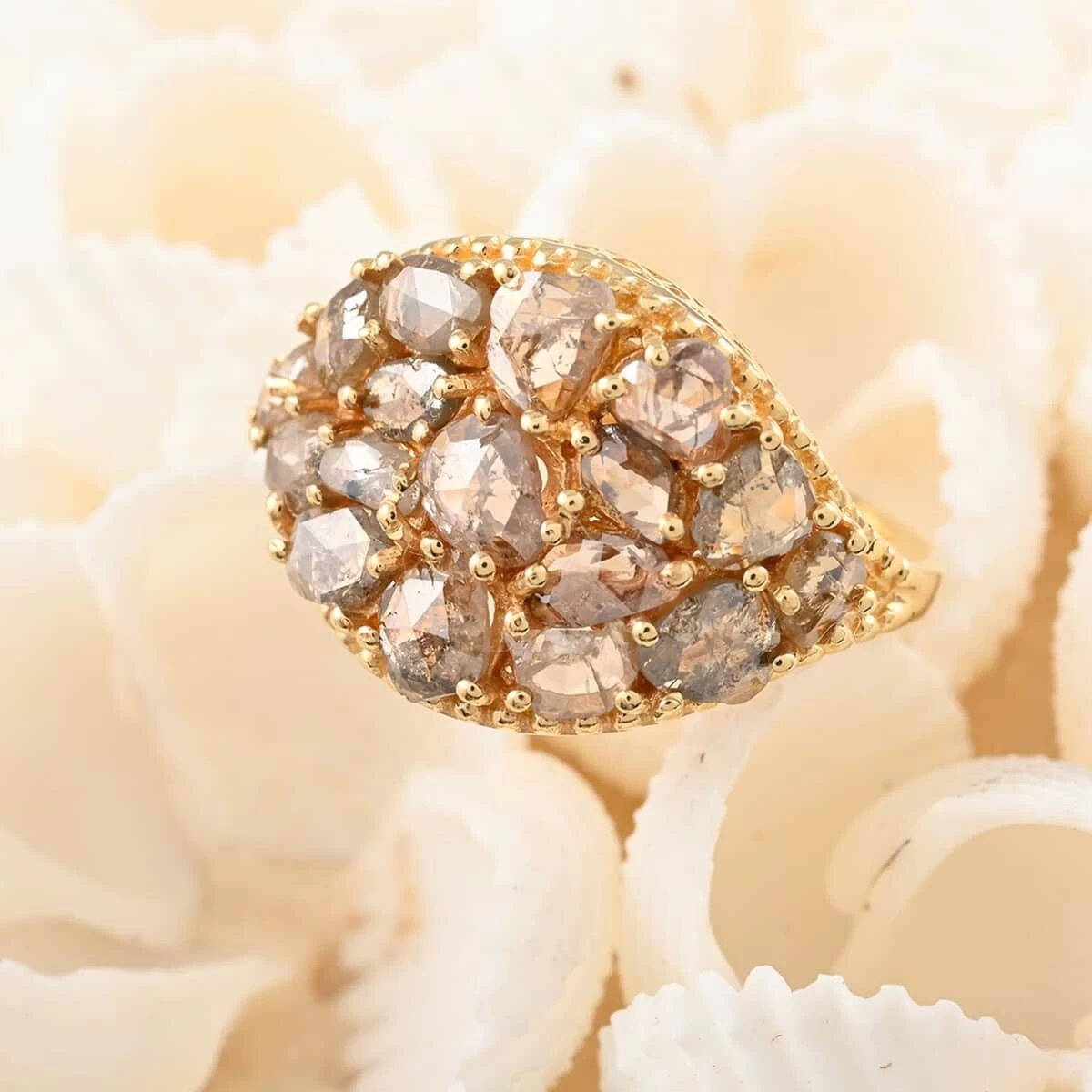 Rose Cut Natural Champagne Diamond Cluster Ring In Vermeil Yellow Gold Over Sterling Silver 3.50 Ctw 4 Rose Cut Natural Champagne Diamond Cluster Ring In Vermeil Yellow Gold Over Sterling Silver 3.50 Ctw - Image 2