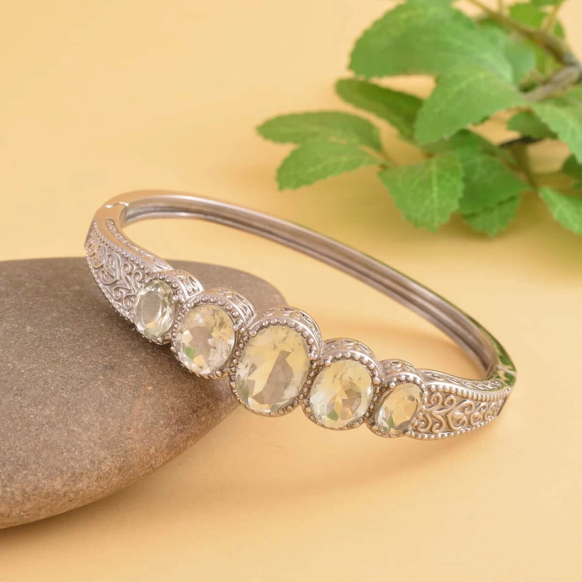 Montezuma Prasiolite 5 Stone Bangle Bracelet In Stainless Steel (7.50 In) 30.00 Ctw , Tarnish-Free, Waterproof, Sweat Proof Jewelry 4 Montezuma Prasiolite 5 Stone Bangle Bracelet In Stainless Steel (7.50 In) 30.00 Ctw , Tarnish-Free, Waterproof, Sweat Proof Jewelry - Image 2
