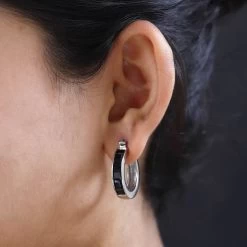 Thai Black Spinel Hoop Earrings In Stainless Steel 6.25 Ctw , Tarnish-Free, Waterproof, Sweat Proof Jewelry -Jewelry store 7274359 2