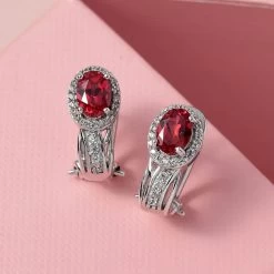 Lab Created Padparadscha Sapphire And White Zircon Omega Clip Earrings In Platinum Over Sterling Silver 2.60 Ctw -Jewelry store 7275595 1