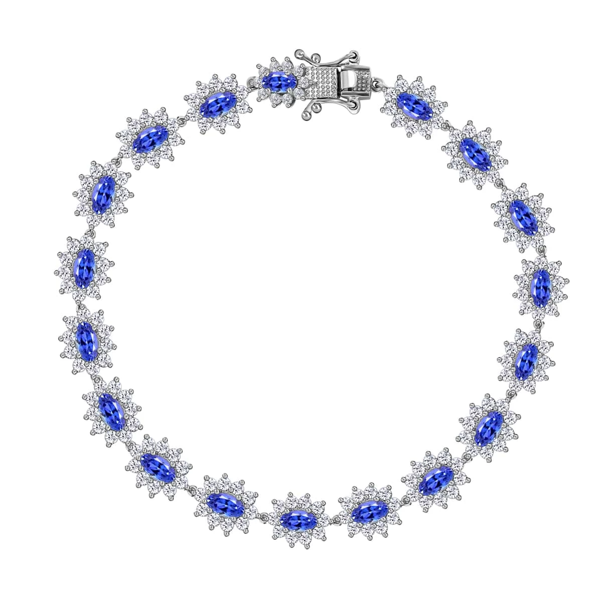 AAA Tanzanite And Moissanite Bracelet In Platinum Over Sterling Silver (7.25 In) 13.50 Grams 7.40 Ctw 3 AAA Tanzanite And Moissanite Bracelet In Platinum Over Sterling Silver (7.25 In) 13.50 Grams 7.40 Ctw