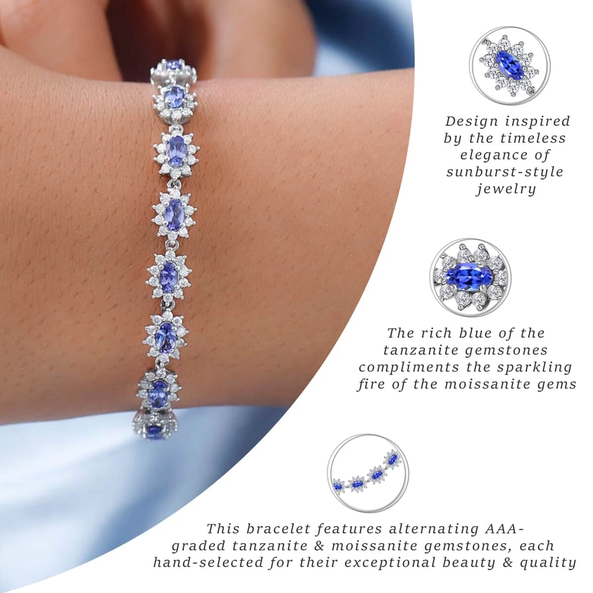 AAA Tanzanite And Moissanite Bracelet In Platinum Over Sterling Silver (7.25 In) 13.50 Grams 7.40 Ctw 6 AAA Tanzanite And Moissanite Bracelet In Platinum Over Sterling Silver (7.25 In) 13.50 Grams 7.40 Ctw - Image 4