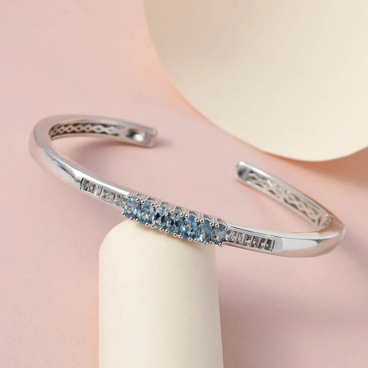 Santa Maria Aquamarine And White Topaz Cuff Bracelet In Platinum Over Sterling Silver (7.25 In) 2.50 Ctw 4 Santa Maria Aquamarine And White Topaz Cuff Bracelet In Platinum Over Sterling Silver (7.25 In) 2.50 Ctw - Image 2
