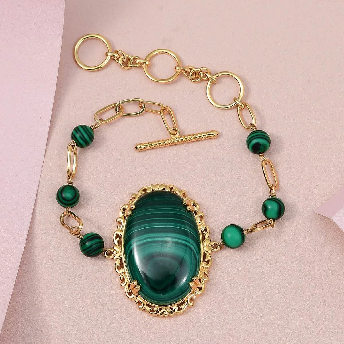 Karis African Malachite Paper Clip Chain Toggle Clasp Bracelet In 18K YG Plated (6.50 In) 57.00 Ctw 4 Karis African Malachite Paper Clip Chain Toggle Clasp Bracelet In 18K YG Plated (6.50 In) 57.00 Ctw - Image 2