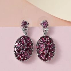 Orissa Rhodolite Garnet Oval Shape Cluster Earrings In Platinum Over Sterling Silver 11.35 Ctw -Jewelry store 7283552 1