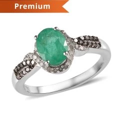 Kagem Zambian Emerald, Natural Champagne And White Diamond Ring In Platinum Over Sterling Silver 1.40 Ctw