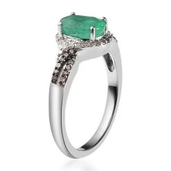 Kagem Zambian Emerald, Natural Champagne And White Diamond Ring In Platinum Over Sterling Silver 1.40 Ctw -Jewelry store 7301323 3