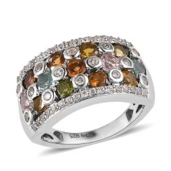 Multi-Tourmaline, Natural White Zircon Ring In Platinum Over Sterling Silver 2.10 Ctw
