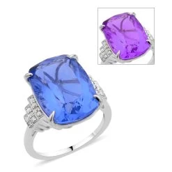 Color Change Fluorite (IR), Diamond (0.15 Cts) Ring In Rhodium Over Sterling Silver 16.00 Ctw