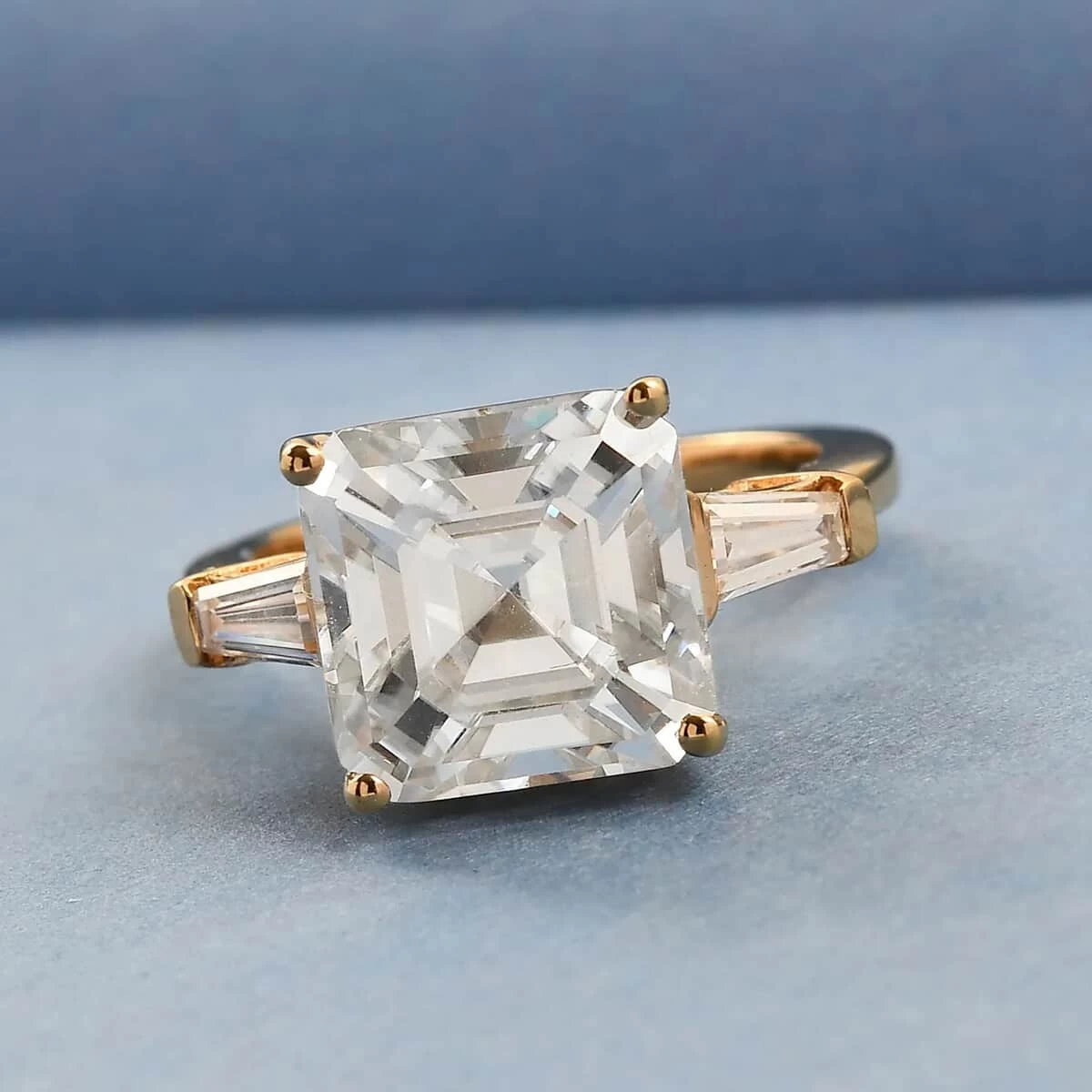 Asscher Cut Moissanite Trilogy Ring In Vermeil YG Plated Sterling Silver, 3 Stone Engagement Rings For Women, Promise Rings 5.85 Ctw 4 Asscher Cut Moissanite Trilogy Ring In Vermeil YG Plated Sterling Silver, 3 Stone Engagement Rings For Women, Promise Rings 5.85 Ctw - Image 2