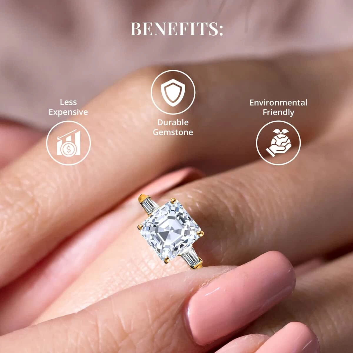 Asscher Cut Moissanite Trilogy Ring In Vermeil YG Plated Sterling Silver, 3 Stone Engagement Rings For Women, Promise Rings 5.85 Ctw 6 Asscher Cut Moissanite Trilogy Ring In Vermeil YG Plated Sterling Silver, 3 Stone Engagement Rings For Women, Promise Rings 5.85 Ctw - Image 4