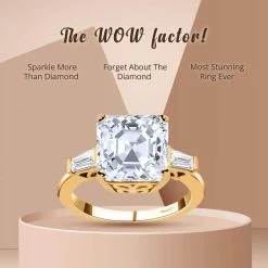 Asscher Cut Moissanite Trilogy Ring In Vermeil YG Plated Sterling Silver, 3 Stone Engagement Rings For Women, Promise Rings 5.85 Ctw 13 Asscher Cut Moissanite Trilogy Ring In Vermeil YG Plated Sterling Silver, 3 Stone Engagement Rings For Women, Promise Rings 5.85 Ctw -Jewelry store 7306343 4