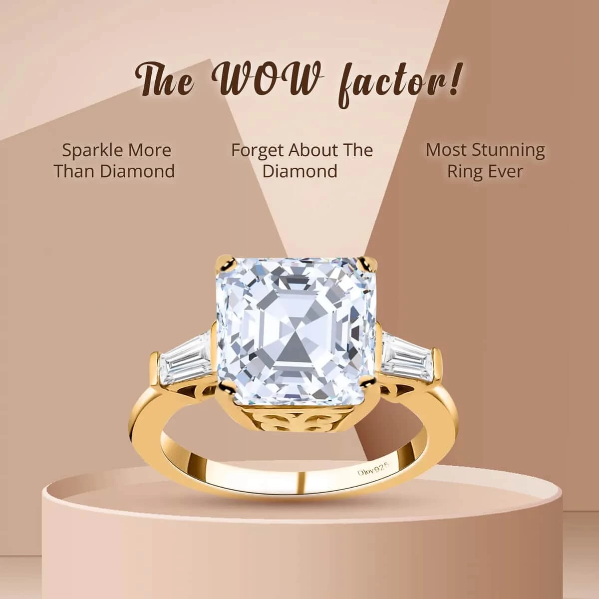 Asscher Cut Moissanite Trilogy Ring In Vermeil YG Plated Sterling Silver, 3 Stone Engagement Rings For Women, Promise Rings 5.85 Ctw 7 Asscher Cut Moissanite Trilogy Ring In Vermeil YG Plated Sterling Silver, 3 Stone Engagement Rings For Women, Promise Rings 5.85 Ctw - Image 5