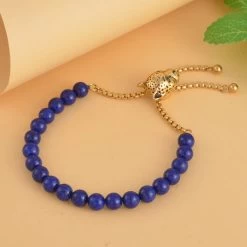 Lapis Lazuli And Neon Green Austrian Crystal Bolo Bracelet With Tiger Motif Slider Lock In ION Plated YG Stainless Steel (6-9In) 30.00 Ctw -Jewelry store 7312564 1