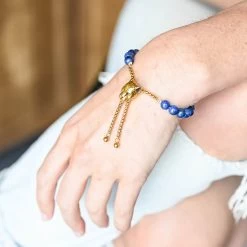 Lapis Lazuli And Neon Green Austrian Crystal Bolo Bracelet With Tiger Motif Slider Lock In ION Plated YG Stainless Steel (6-9In) 30.00 Ctw -Jewelry store 7312564 2