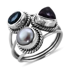 BALI LEGACY Amethyst, Swiss Blue Topaz And Freshwater Pearl Mixed Shapes 3 Row Ring In Sterling Silver 2.65 Ctw