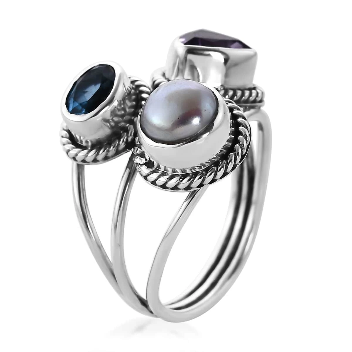 BALI LEGACY Amethyst, Swiss Blue Topaz And Freshwater Pearl Mixed Shapes 3 Row Ring In Sterling Silver 2.65 Ctw 6 BALI LEGACY Amethyst, Swiss Blue Topaz And Freshwater Pearl Mixed Shapes 3 Row Ring In Sterling Silver 2.65 Ctw - Image 4