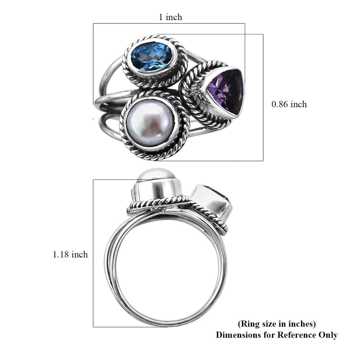 BALI LEGACY Amethyst, Swiss Blue Topaz And Freshwater Pearl Mixed Shapes 3 Row Ring In Sterling Silver 2.65 Ctw 8 BALI LEGACY Amethyst, Swiss Blue Topaz And Freshwater Pearl Mixed Shapes 3 Row Ring In Sterling Silver 2.65 Ctw - Image 6