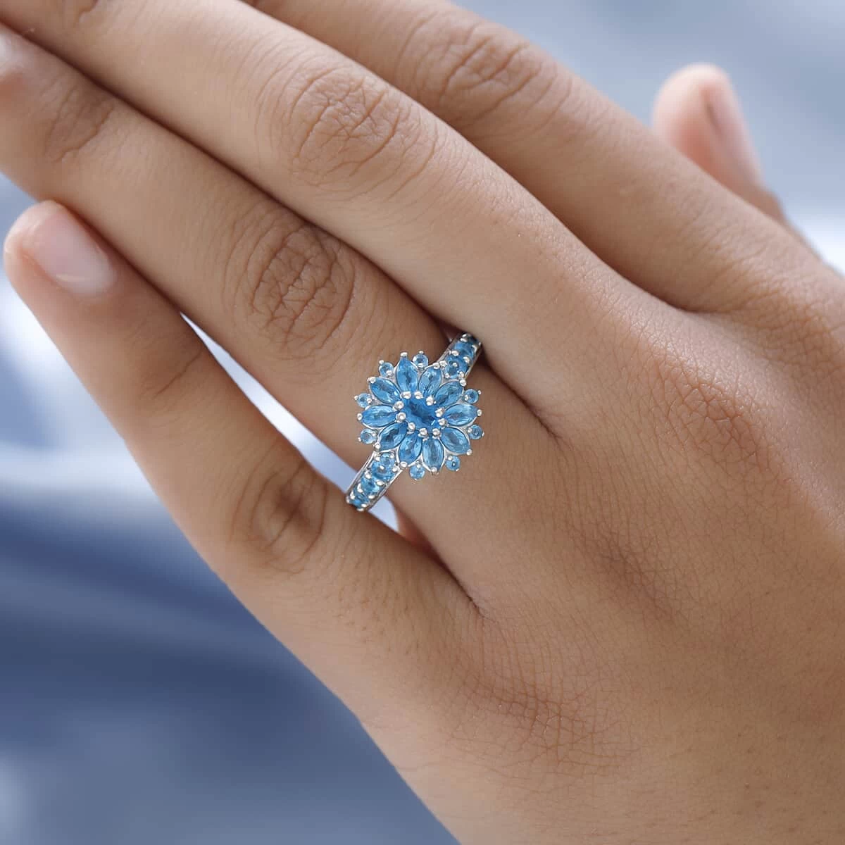Malgache Neon Apatite Floral Ring In Platinum Over Sterling Silver (Delivery In 5-7 Business Days) 1.60 Ctw 5 Malgache Neon Apatite Floral Ring In Platinum Over Sterling Silver (Delivery In 5-7 Business Days) 1.60 Ctw - Image 3