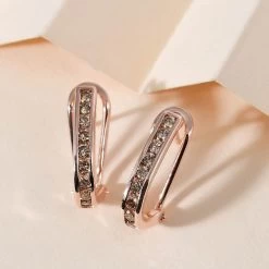 Natural Champagne Diamond Omega Clip Earrings In Vermeil Rose Gold Over Sterling Silver 1.00 Ctw -Jewelry store 7317439 1