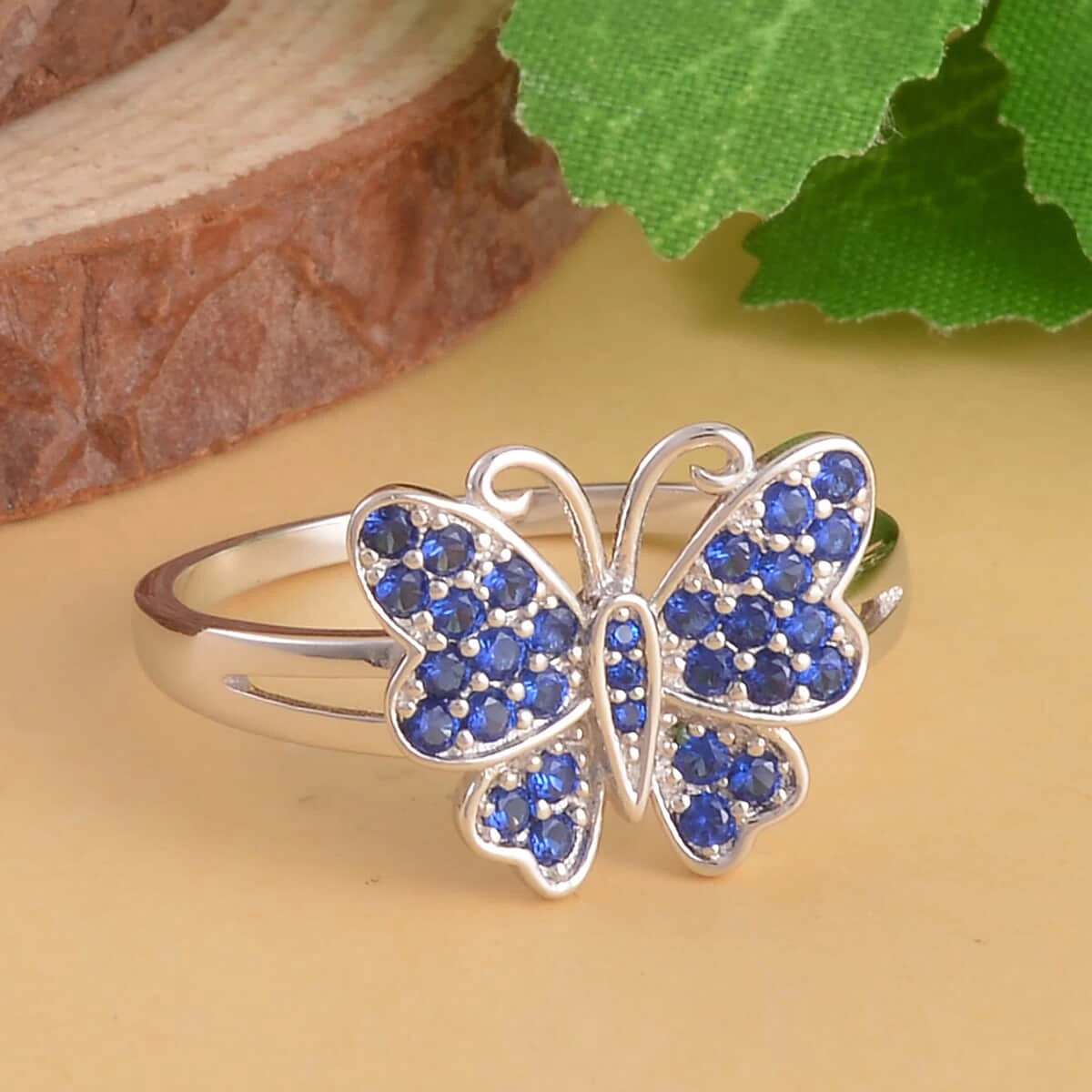 Simulated Blue Sapphire Color Diamond Butterfly Ring In Rhodium Over Sterling Silver 0.50 Ctw 4 Simulated Blue Sapphire Color Diamond Butterfly Ring In Rhodium Over Sterling Silver 0.50 Ctw - Image 2