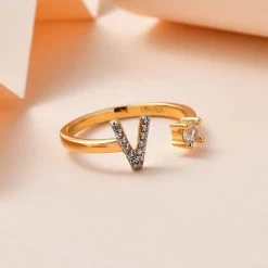 White Zircon Initial V Open Band Ring In Vermeil Yellow Gold Over Sterling Silver 0.30 Ctw -Jewelry store 7321595 1