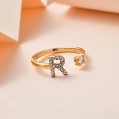 White Zircon Initial R Open Band Ring In Vermeil Yellow Gold Over Sterling Silver 0.35 Ctw -Jewelry store 7321895 1