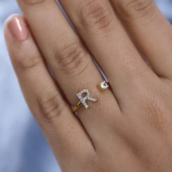 White Zircon Initial R Open Band Ring In Vermeil Yellow Gold Over Sterling Silver 0.35 Ctw -Jewelry store 7321895 2