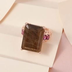 Natural Chocolate Sapphire And Orissa Rhodolite Garnet Ring In Vermeil Rose Gold Over Sterling Silver 36.40 Ctw -Jewelry store 7338759 1