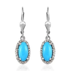 Sleeping Beauty Turquoise And Natural Champagne Diamond Halo Earrings In Platinum Over Sterling Silver 2.25 Ctw