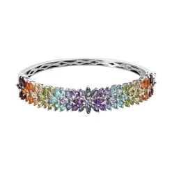 Multi Gemstone Bangle Bracelet In Platinum Over Sterling Silver (6.50 In) 11.00 Ctw