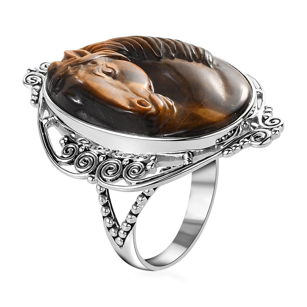 Sajen Silver South African Tigers Eye Ring In Platinum Over Sterling Silver 28.00 Ctw 6 Sajen Silver South African Tigers Eye Ring In Platinum Over Sterling Silver 28.00 Ctw - Image 4