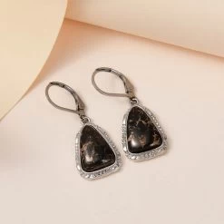 Artisan Crafted Matrix Silver Shungite Lever Back Earrings In Platinum Over Copper And Stainless Steel 7.35 Ctw , Tarnish-Free, Waterproof, Sweat Proof Jewelry -Jewelry store 7347655 1